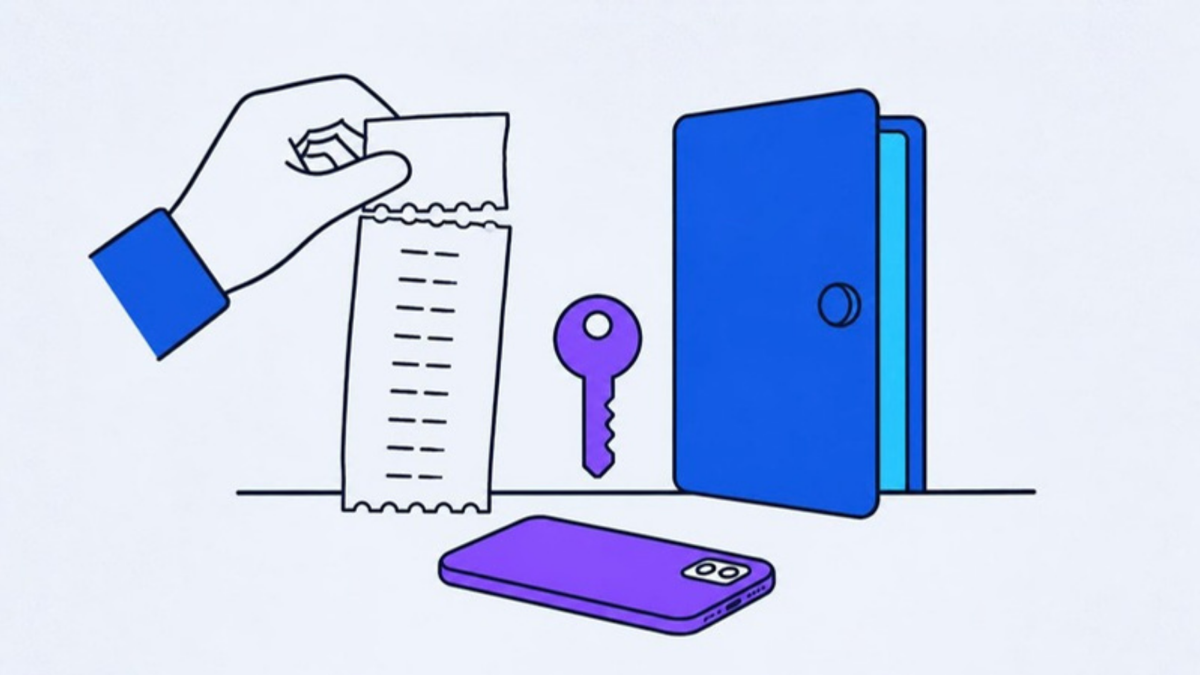 Illustration: a hand tearing a slip of one-time codes beside a key and a door