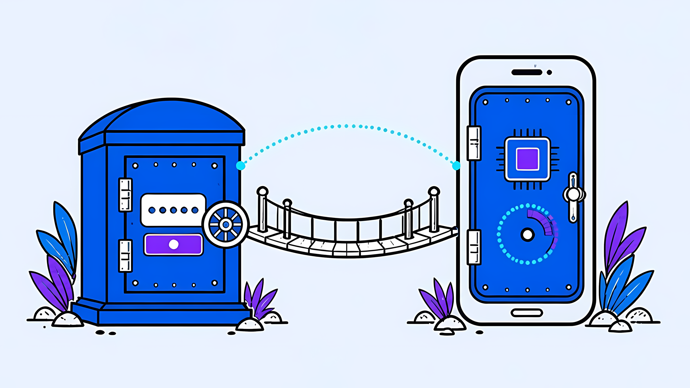 Illustration: a password vault and a phone-shaped code vault, joined by a footbridge