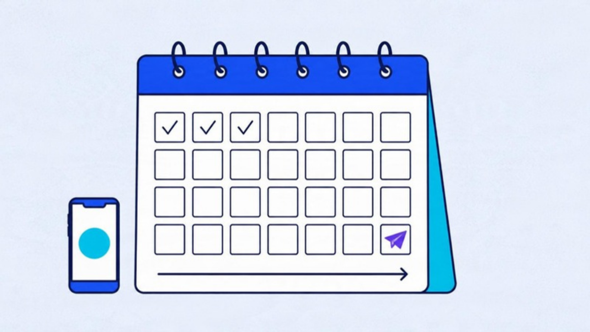 A calendar grid with the early days ticked and a paper plane on the departure day