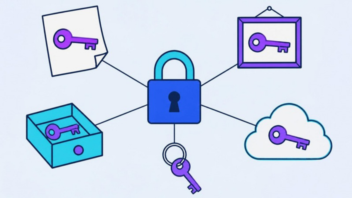 Five identical keys in different places, all opening one padlock