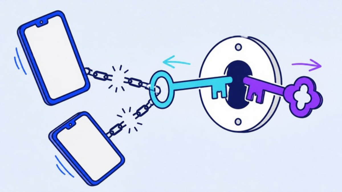 A new key replaces an old one while two phones fall away on broken chains