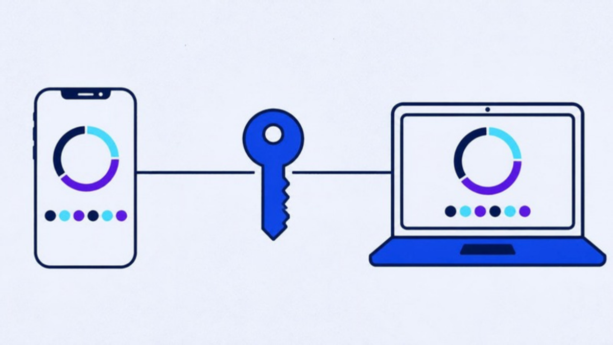One key feeding a phone and a laptop whose screens show identical countdown rings
