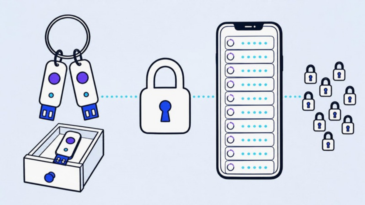 Illustration: two security keys on a ring beside a phone holding many code cards