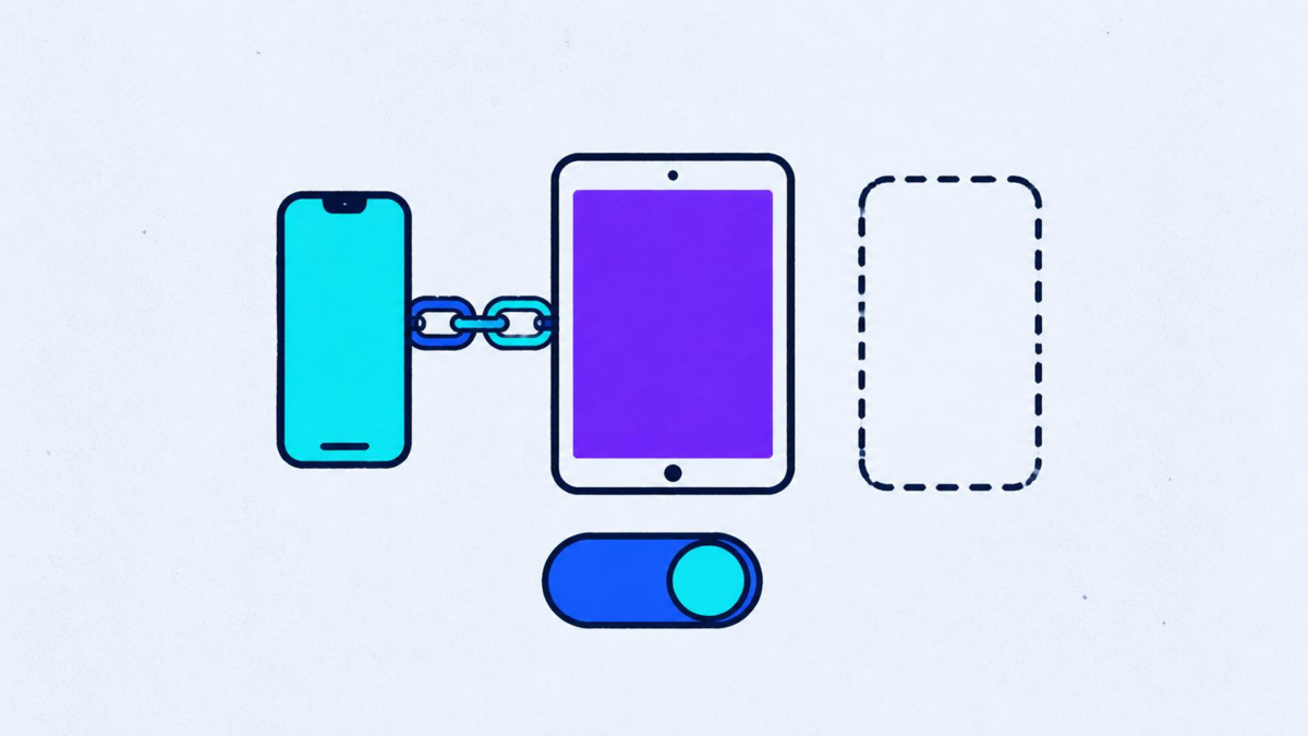 A phone and a tablet joined by a chain above a toggle, a dotted third device