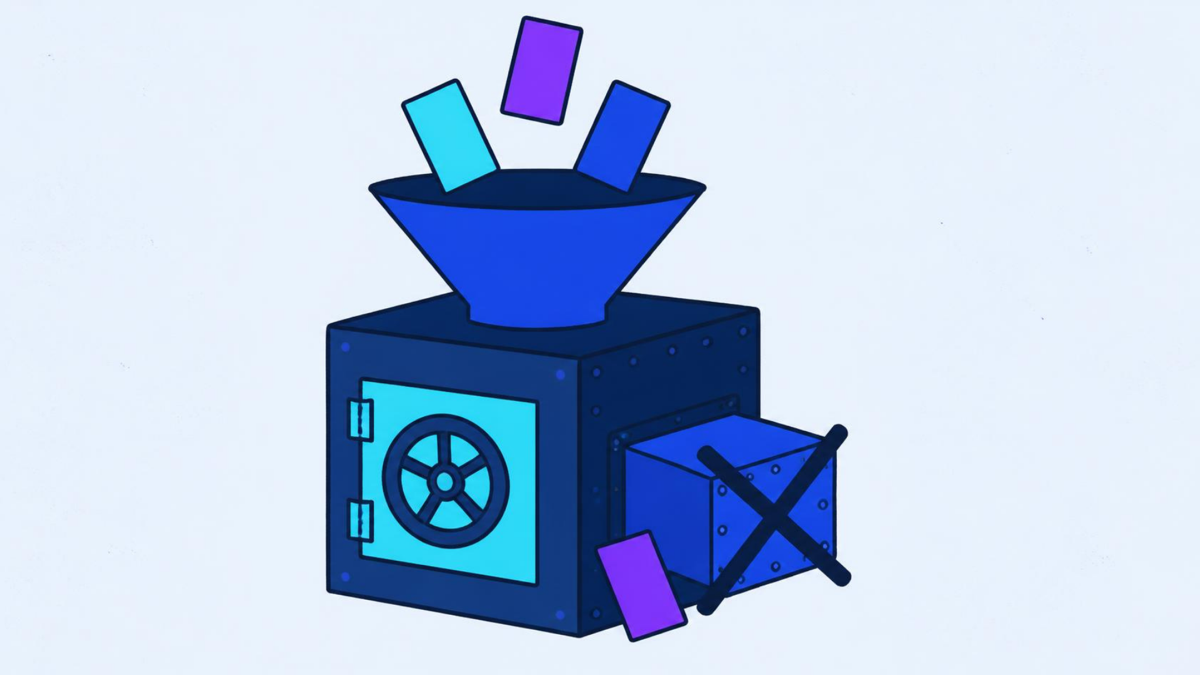 A strongbox with a funnel taking cards in and a sealed side tray crossed out