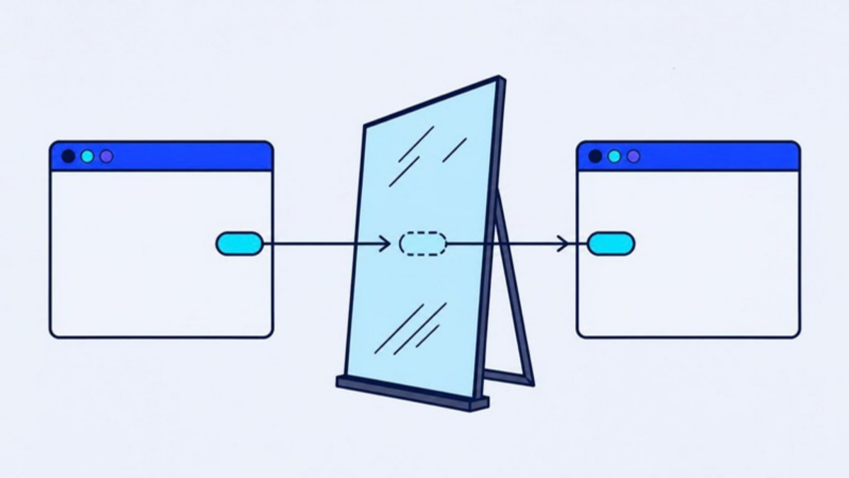 Illustration: a token passes from one browser window straight through a mirror panel into another window