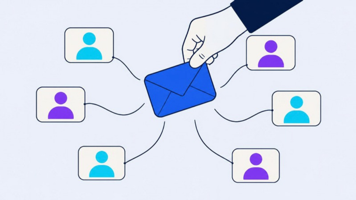 Illustration: a hand lifts one envelope out of the centre of a ring of account cards