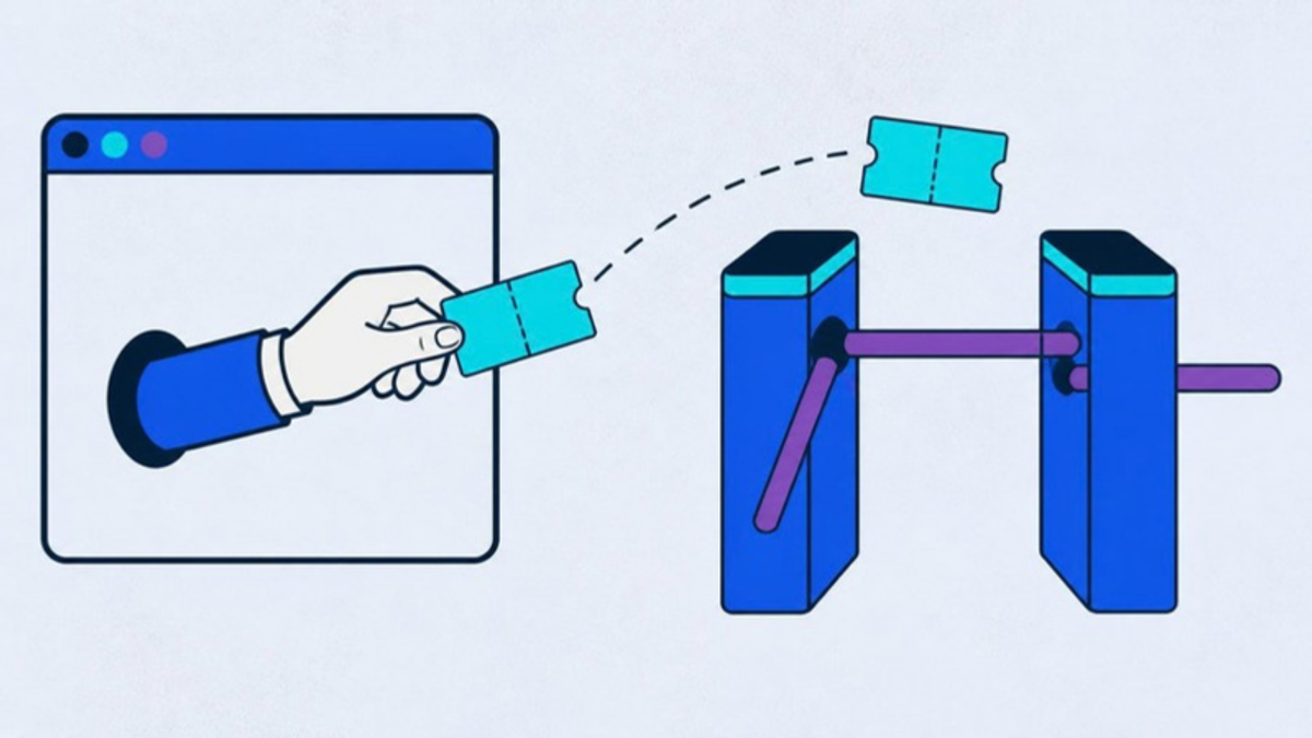 Illustration: a hand pulls a ticket from a browser window; it sails over an empty turnstile