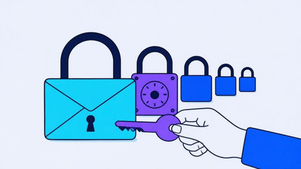 A queue of padlocks, an envelope-shaped one in front, a hand holding a single key