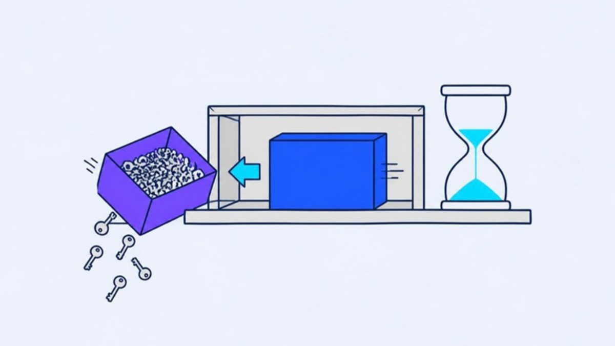 A new empty box slides into a one-slot shelf, pushing a box of keys off