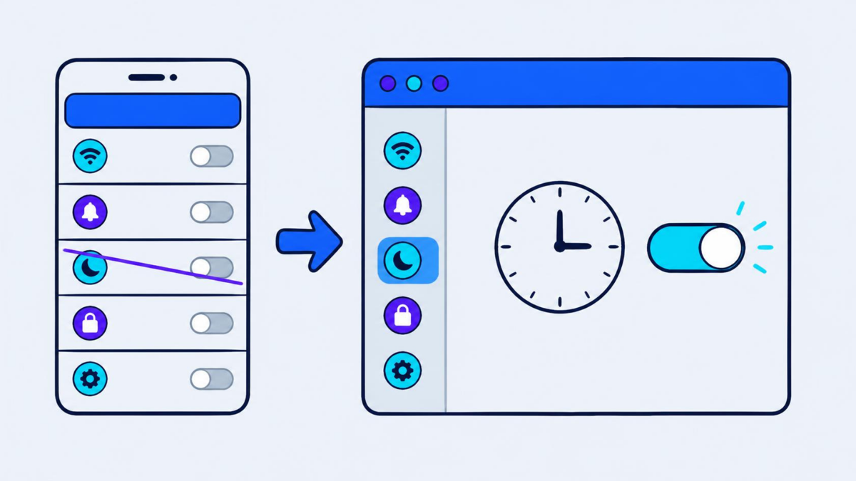 An app settings row struck through, an arrow pointing to a system clock and toggle