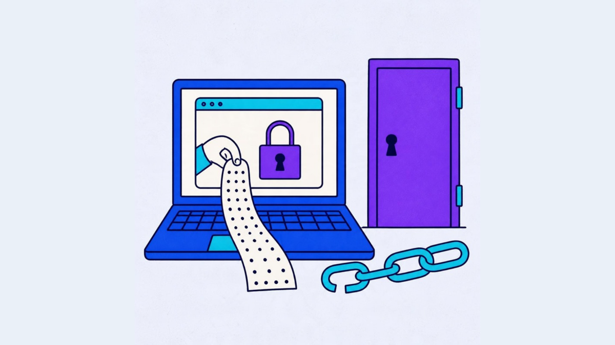A hand pulling a punched strip out of a signed-in browser window beside a chain