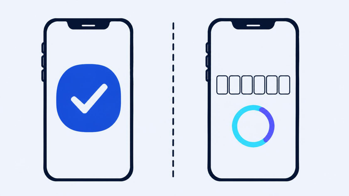 Two phones split by a dashed line, one with a tick badge, one a countdown ring