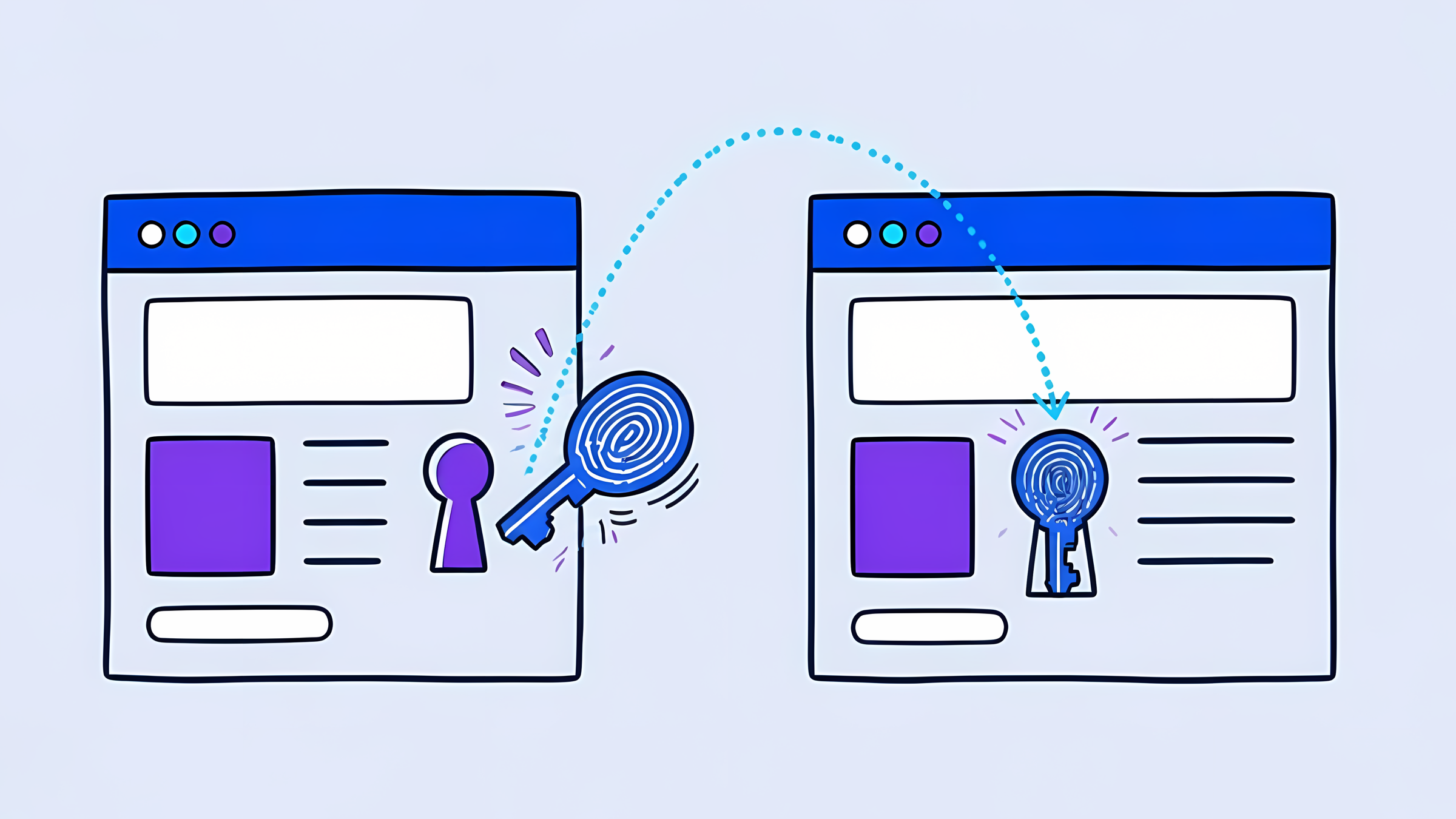 Illustration: a fingerprint key bounces off a lookalike site and fits the real one