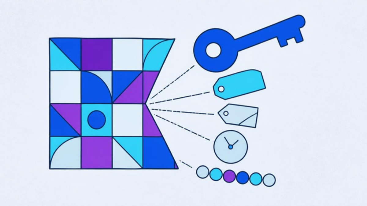 A QR code splitting open into a key, an issuer tag, a clock and code dots
