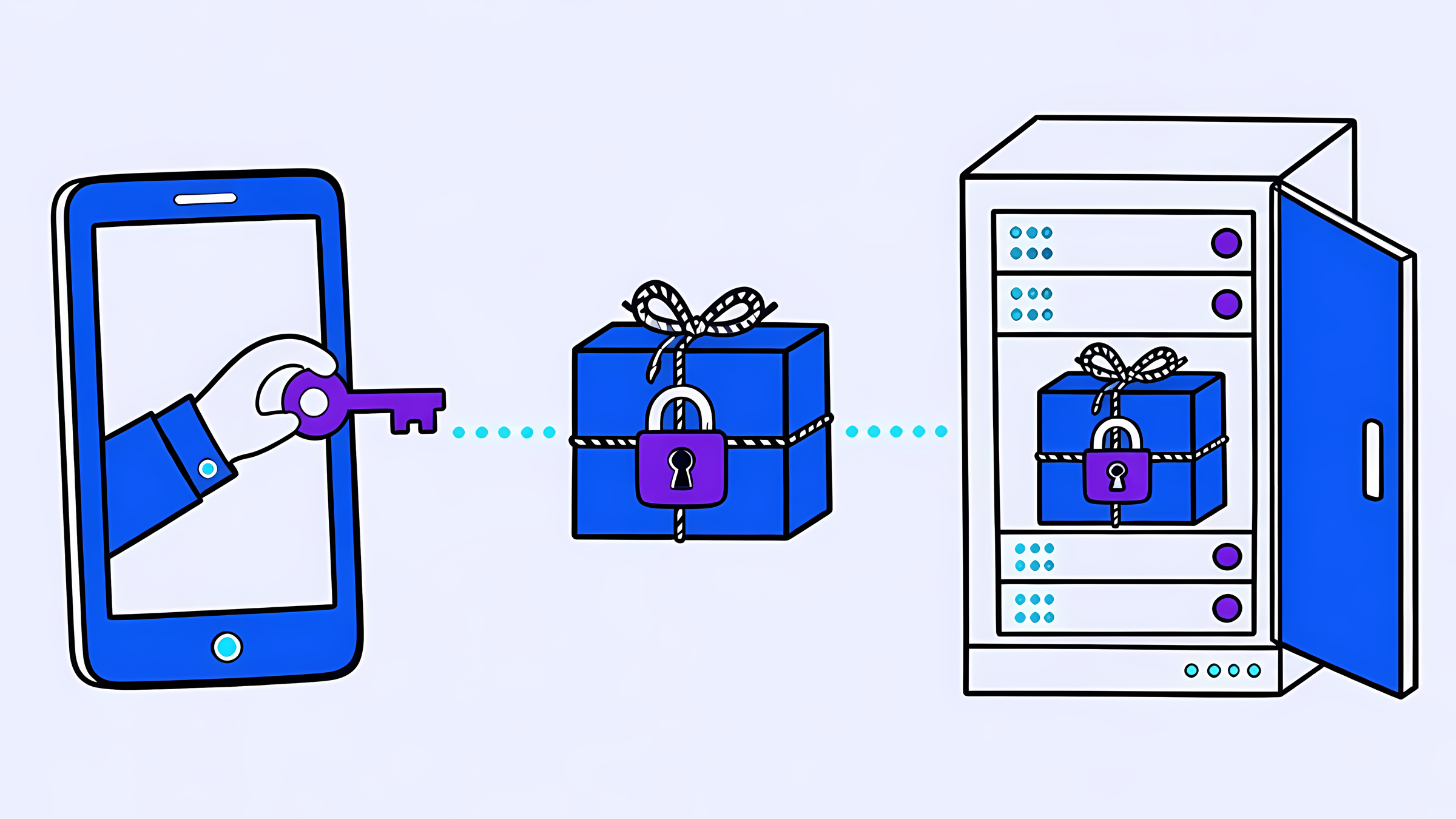 Illustration: a phone keeps the key while a locked parcel sits on the server
