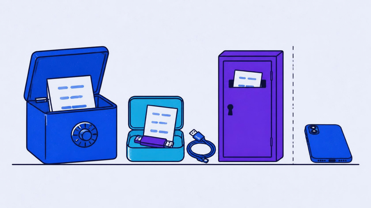 Illustration: a fireproof box, an offline drive and a locked cabinet, each holding a code sheet
